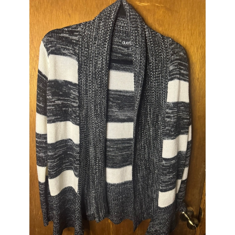 Duetime Maternity Cardigan Sweater L Navy Blue White Striped Open Front Shawl